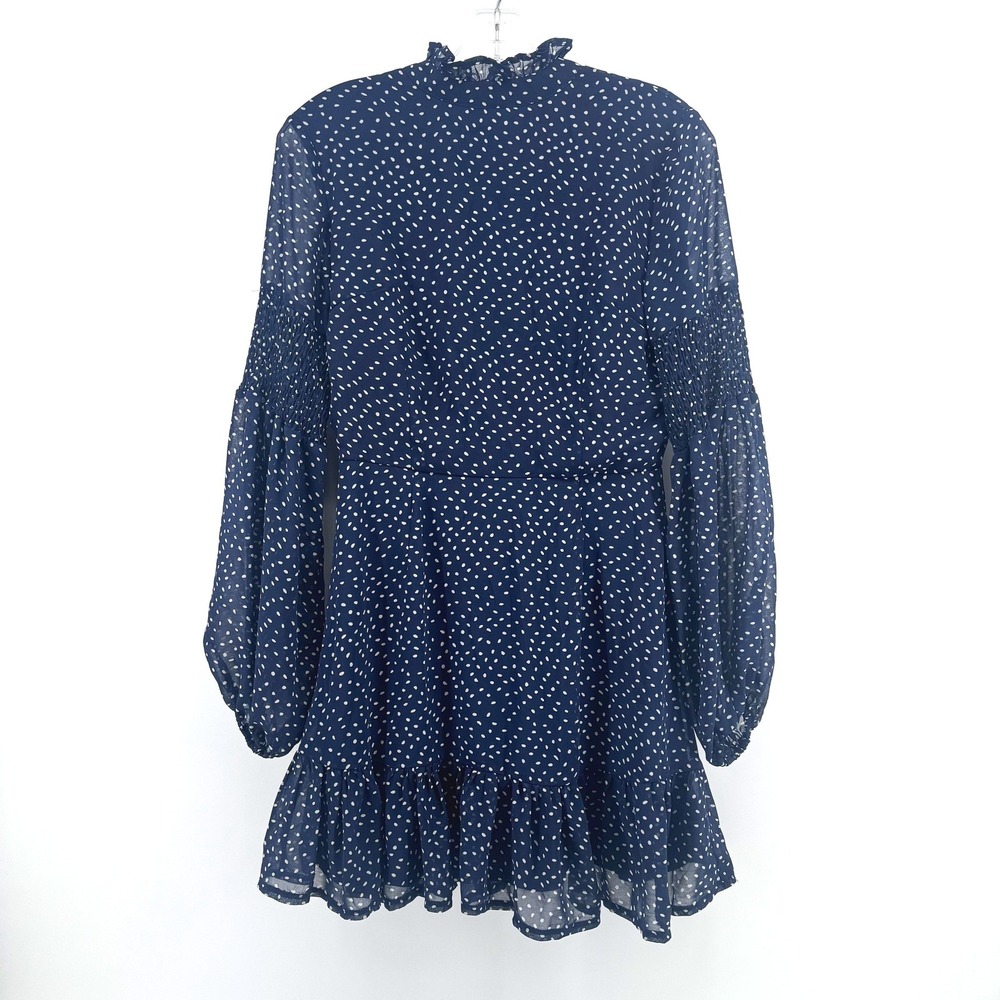 Missguided Long Sleeve Mini Dress Women 4 Navy Blue Polka Dot Feminine Preppy